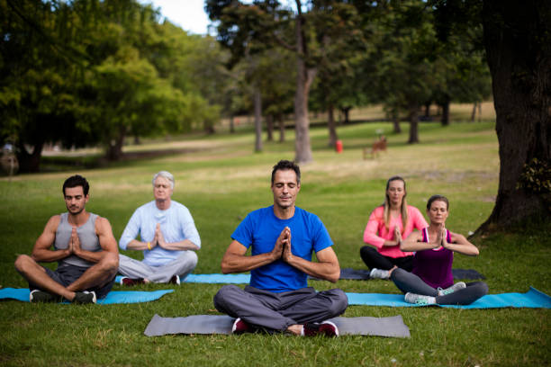 istock Group of people performing yoga 647874626