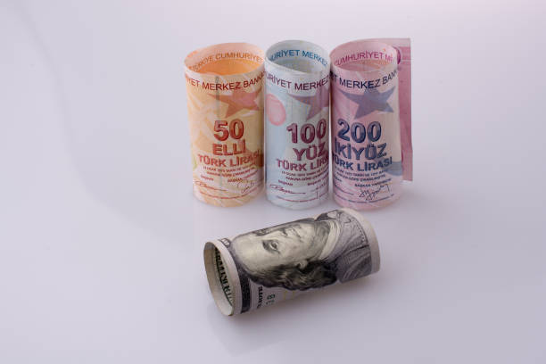 istock American dollar banknotes and Turksh Lira banknotes side by side 647956530