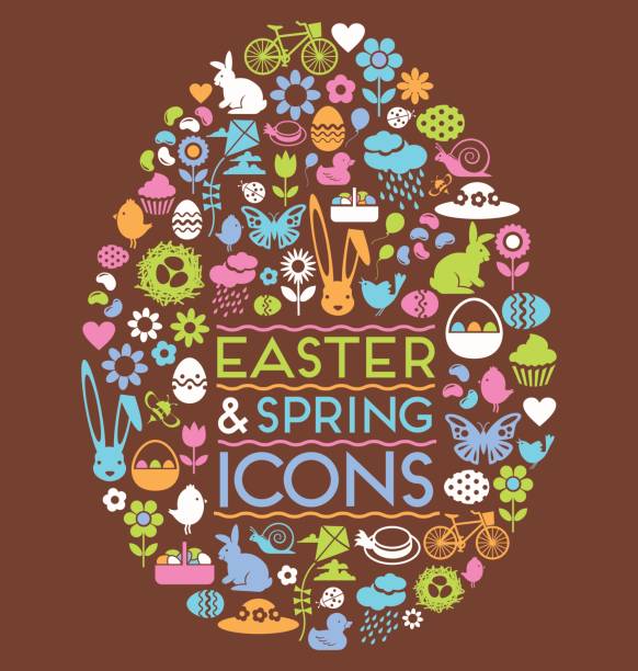 illustrazioni stock, clip art, cartoni animati e icone di tendenza di grande set di icone di pasqua e primavera a forma di uovo di pasqua - easter bonnets immagine