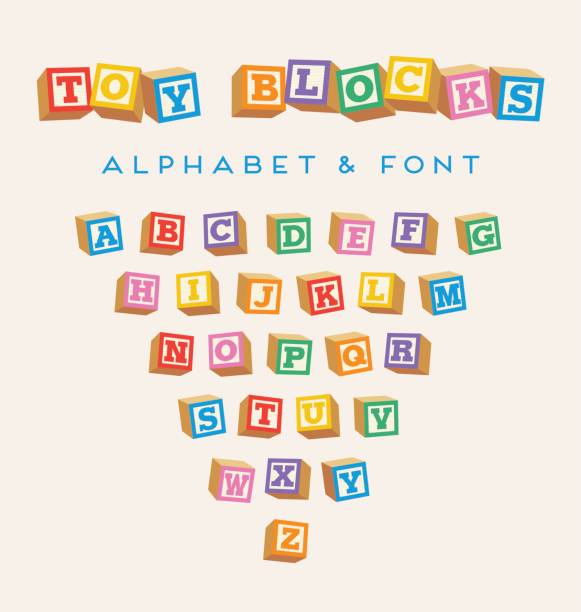 3d alphabet blöcke blöcke spielzeug baby schriftart in leuchtenden farben - bauklotz stock-grafiken, -clipart, -cartoons und -symbole