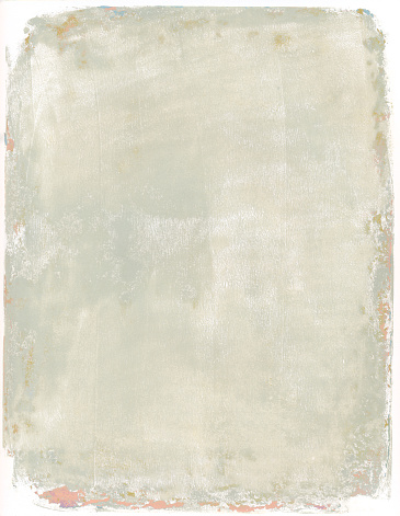 An hand painted mixed media painting on paper. There is a mottled and grungy texture throughout the painting. A cream color is the prominent color of the painting. There are rough grungy edges around the painted texture on a white paper background.