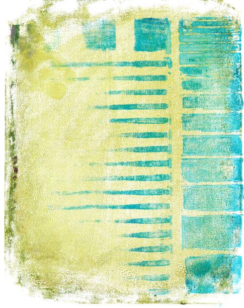 retro styled yellow background with pattern of turquoise shapes - old paper mottled rectangular shape imagens e fotografias de stock