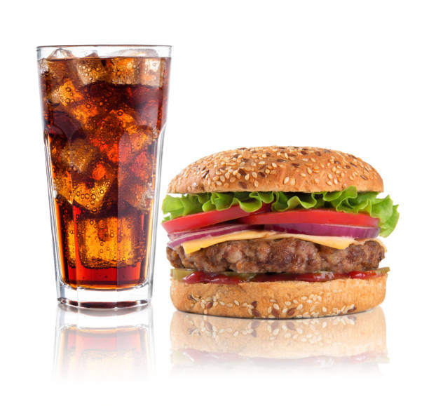 istock Hamburger with iced soda drink on white background 647975318