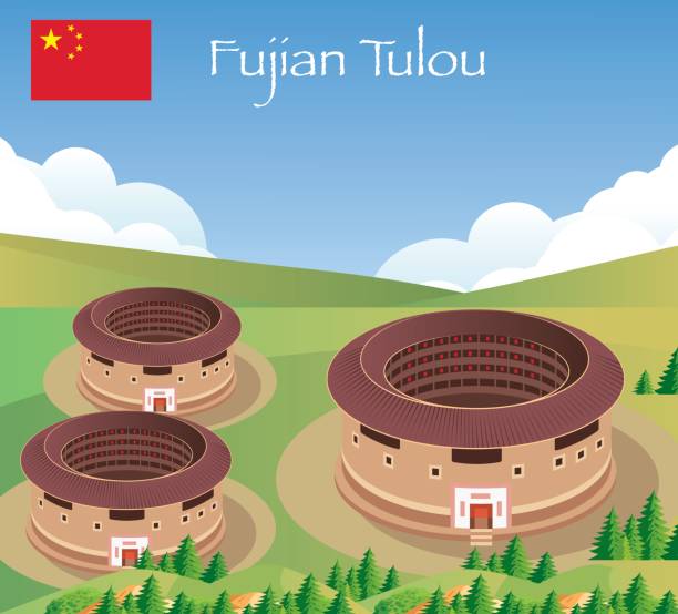 ilustraciones, imágenes clip art, dibujos animados e iconos de stock de fujian tulou - fujian province