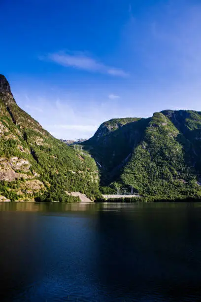 Fjord Landscape with high mountains and deep fjords on the west coast a beautiful summer day in Aurland, Sogn