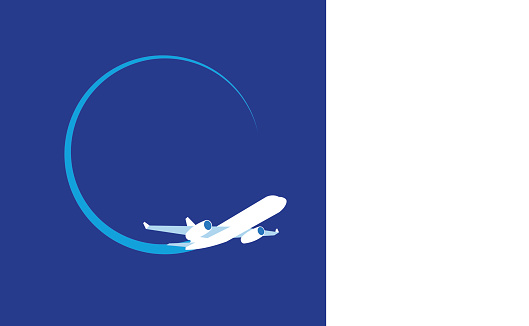 White jet airplane at navy blue background. Flat vector clip art. Poster or logo template - plain in the sky. With place for text.