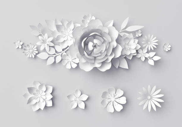 istock 3d render, white paper flowers, floral background 647987348