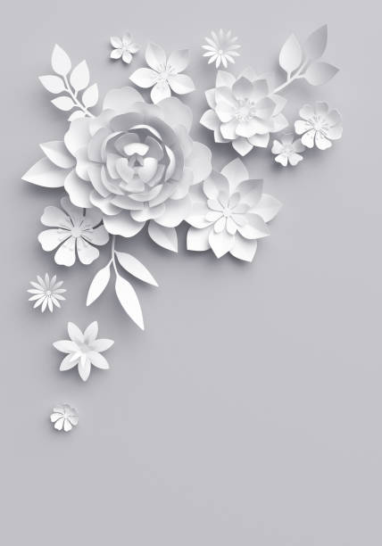 istock 3d render, white paper flowers, floral background 647987392