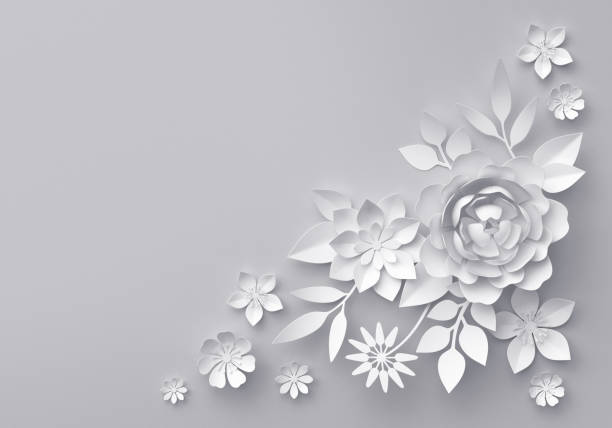 istock 3d render, white paper flowers, floral background 647988192