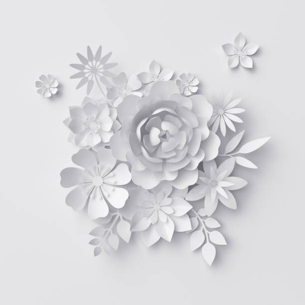 istock 3d render, white paper flowers, floral background 647989518