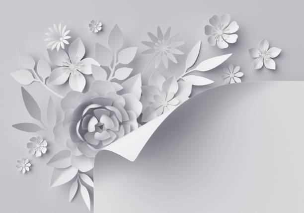 istock 3d render, white paper flowers, floral background 647989556