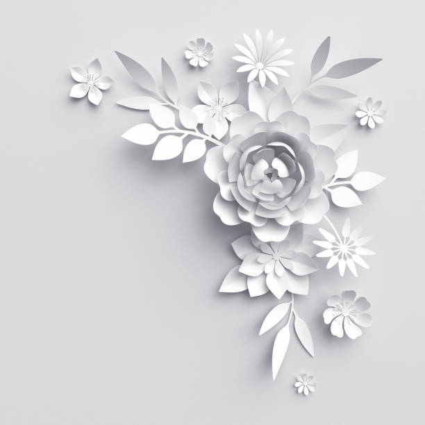 istock 3d render, white paper flowers, floral background 647989628