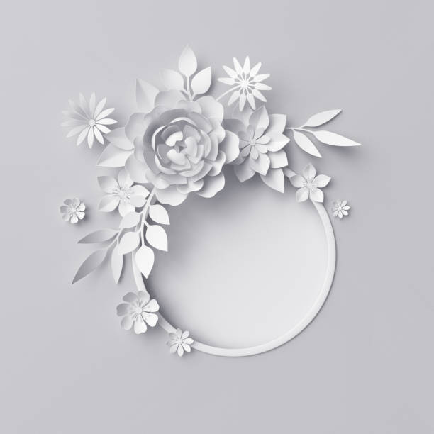 istock 3d render, white paper flowers, floral background 647989654