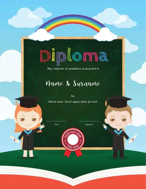 Vector illustration of Kids diploma certificate template in open book theme cartoon style