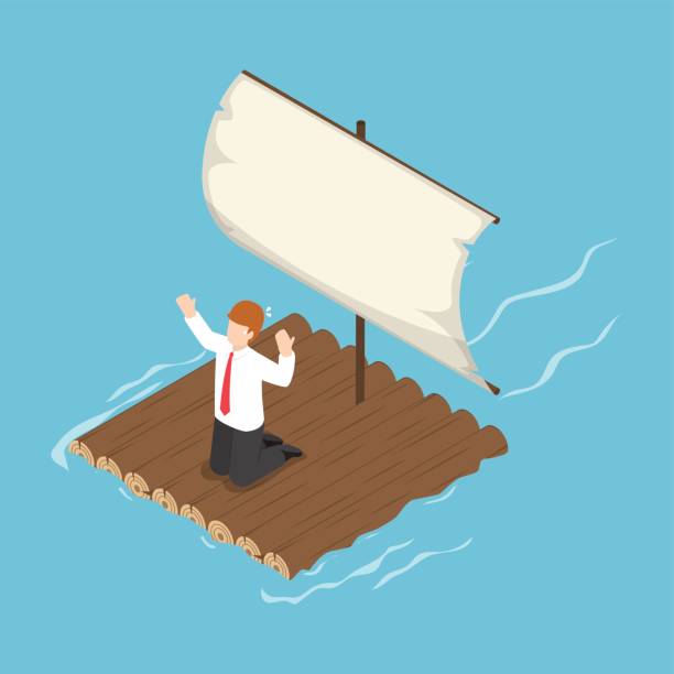 illustrazioni stock, clip art, cartoni animati e icone di tendenza di uomo d'affari isometrico bloccato su zattera di legno - wooden raft illustrations