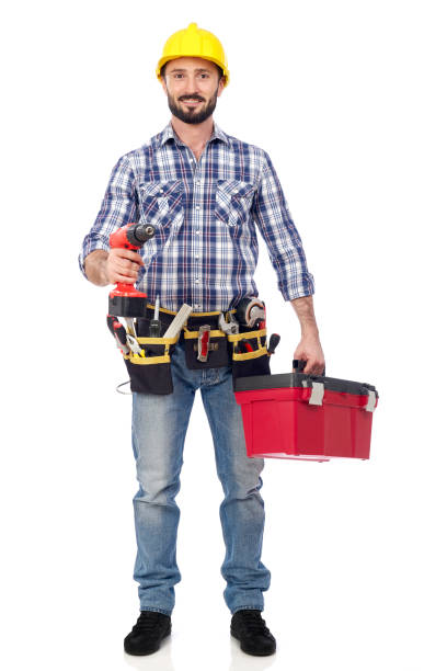 handyman with drill and toolbox - home improvement work tool hammer portrait imagens e fotografias de stock