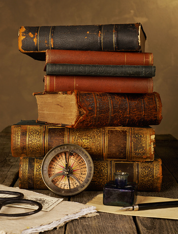 Antique books and writing instruments
