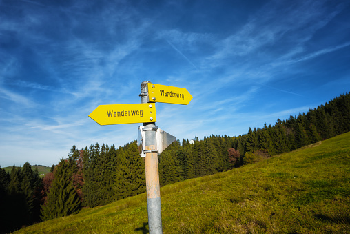 signpost for hiking trail Wanderweg in Switzerland
