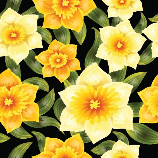 nahtloser hintergrund mit gelbem narzissnarziss. frühlingsblume mit stiel und blättern. realistisches muster - daffodil stem yellow spring stock-grafiken, -clipart, -cartoons und -symbole