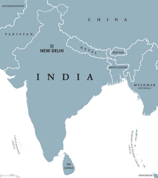 India political map India political map with capital New Delhi, national borders and neighbor countries. Republic and subcontinent in South Asia. Gray illustration, English labeling. Isolated on white background. Vector. bangladesh stock illustrations