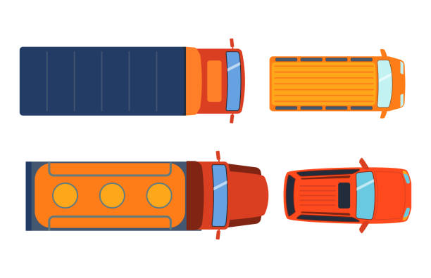 istock Overhead top view on colorful car toys different pickup automobile transport and collection wheel transportation design vector illustration 648012316