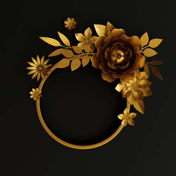 istock 3d render, digital illustration, golden floral decoration, round wreath, frame, label, tag, gold leaves, sophisticated flowers embellishment, isolated on black background 648013330