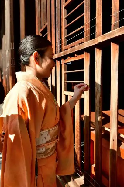 Photo of Japanese Woman in Kimono at Main Hall of Tofuku-ji, Kyoto