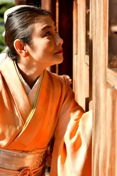 Photo of Japanese Woman in Kimono at Main Hall of Tofuku-ji, Kyoto