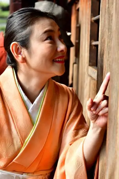 Photo of Japanese Woman in Kimono at Main Hall of Tofuku-ji, Kyoto