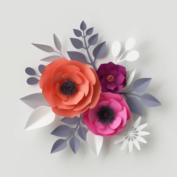 ilustracja 3d, czerwone różowe papierowe kwiaty, kwiatowe tło, walentynkowe serce - bouquet rose wedding flower zdjęcia i obrazy z banku zdjęć