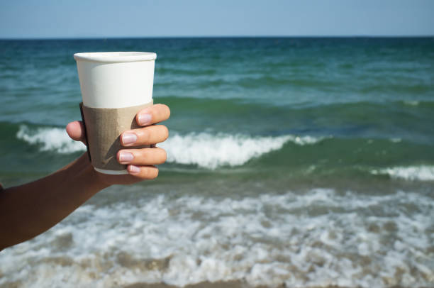 istock Paper cup with coffee in hand on the sea background 648028420