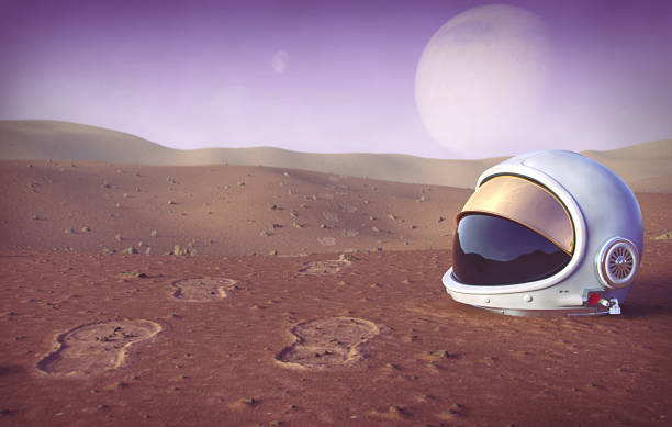 Footprints on the planet Footprints and helmet on the planet 3d rendering space helmet stock pictures, royalty-free photos & images