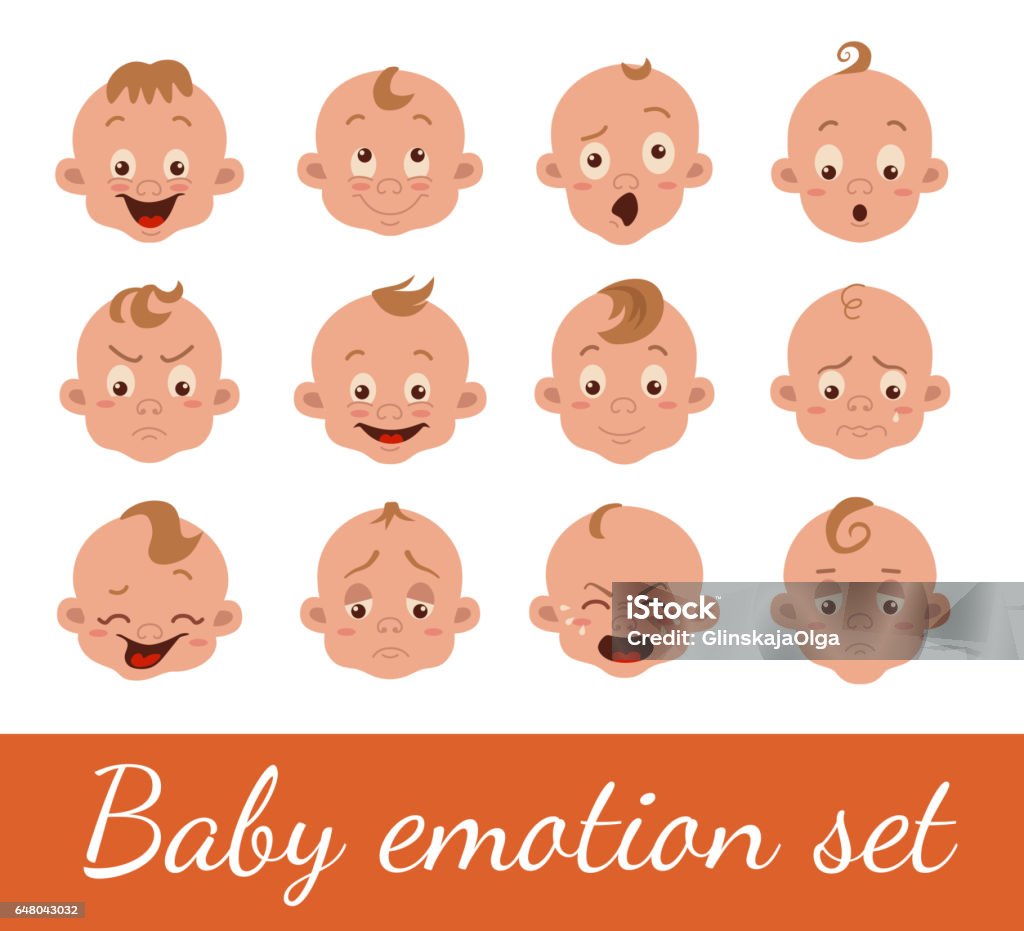 Baby emotion set Baby facial expression isolated icons on white background. Cute color vector illustration of boy baby showing different emotions smiling, sad, surprised, crying, shy, laugh happy in flat style. Animal Imitation stock vector