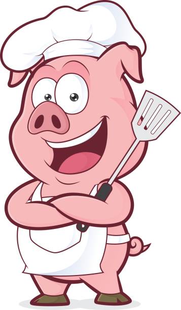 Pig chef holding a spatula - ilustração de arte vetorial