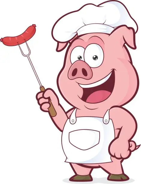 Vector illustration of Pig chef holding a sausage on fork