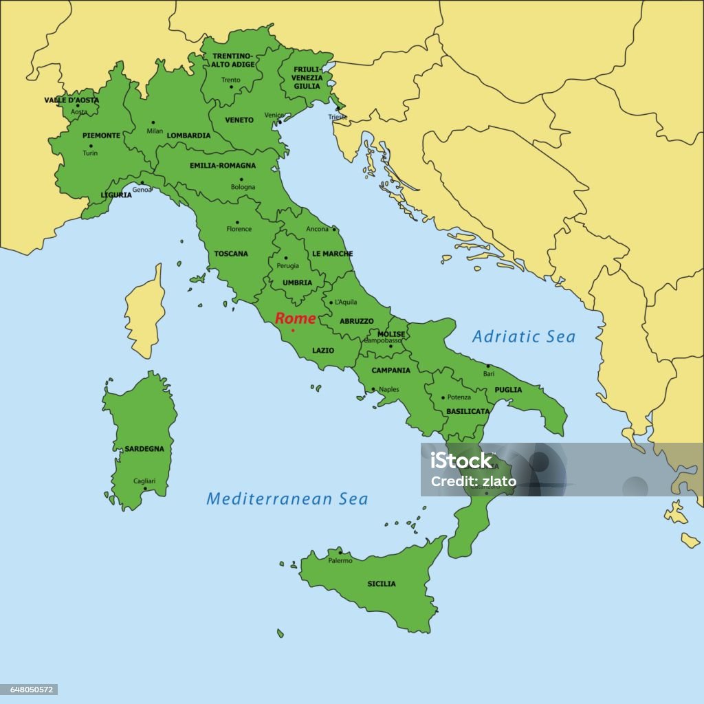 Karta över Italien med regioner och deras huvudstäder - Royaltyfri Italien vektorgrafik