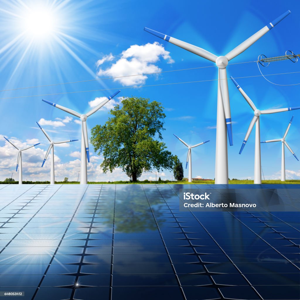 Solar Panels - Wind Turbines - Power Line Solar panels with wind turbines (3D illustration) and a power line on a blue sky with clouds and sun rays (photo). Solar and wind energy Power Line Stock Photo