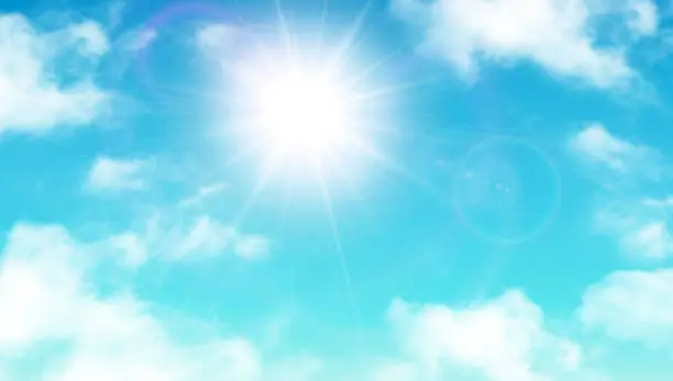 Vector illustration of Sunny background, blue sky with white clouds and sun