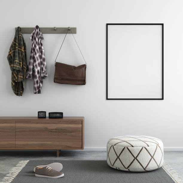 interior loft entrance with poster frame template Interior of a home entrance with cushion seat, shelf with decoration and coat rack with clothes. carpet on the concrete floor. wall background with picture template for copy space. square composition. coat rack stock pictures, royalty-free photos & images