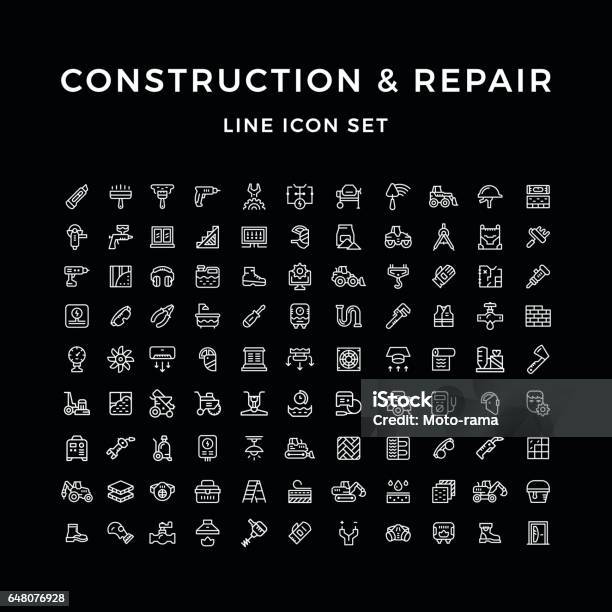 Stellen Linie Icons Von Bau Und Reparatur Stock Vektor Art und mehr Bilder von Icon - Icon, Bagger, Beton