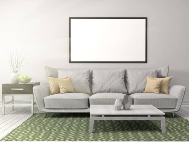istock Mock up blank poster on the wall of interior with sofa. 3D Illustration 648077424