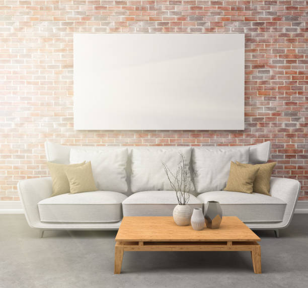 istock Mock up blank poster on the wall of interior with sofa. 3D Illustration 648077488