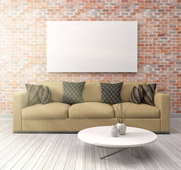 istock Mock up blank poster on the wall of interior with sofa. 3D Illustration 648077506