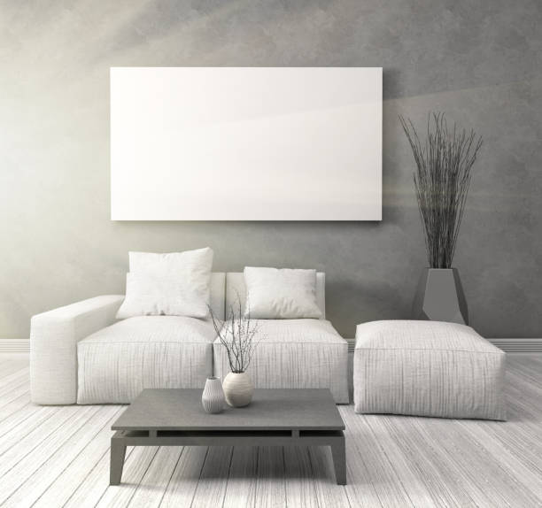 istock Mock up blank poster on the wall of interior with sofa. 3D Illustration 648077542
