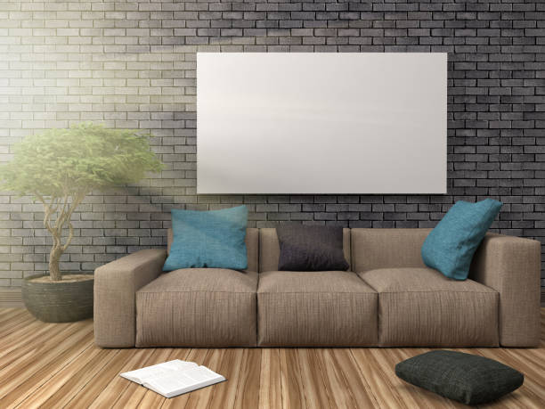 istock Mock up blank poster on the wall of interior with sofa. 3D Illustration 648077608