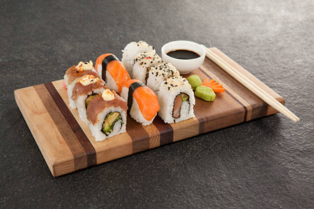 istock Assorted sushi set served with chopsticks and soy sauce 648080878