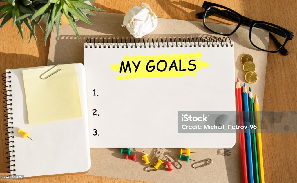 Notebook with Toolls and Notes about My Goals Aspirations Stock Photo