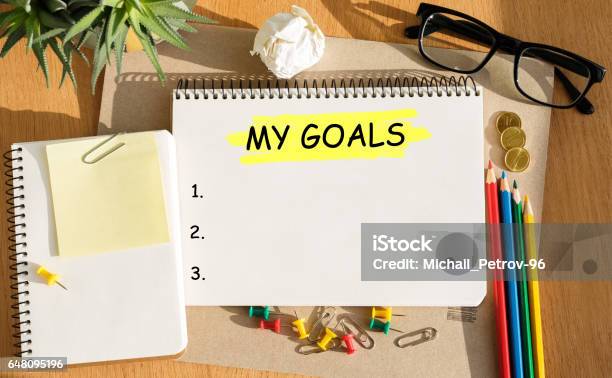 Notebook With Toolls And Notes About My Goals Stock Photo - Download Image Now - Aspirations, Goal - Sports Equipment, Individuality
