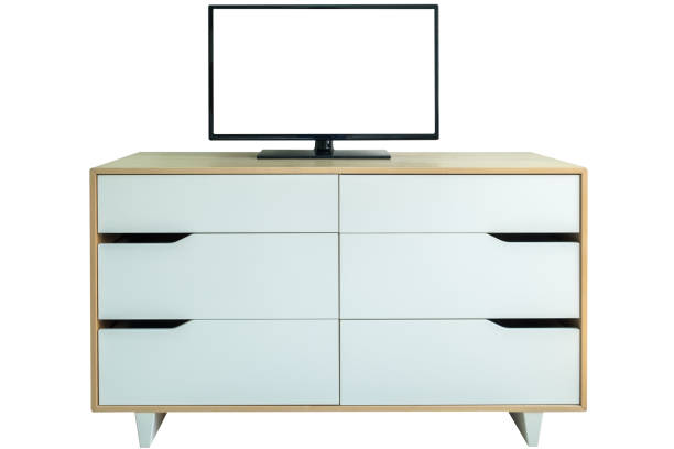 istock Blank flat screen tv on white closet drawers 648113484