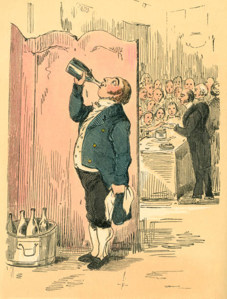 A sneaky waiter secretly drinking from a bottle behind a screen at a Victorian evening party. From “Mrs Perkins’s Ball” by M.A. Titmarsh, a pseudonym of William Makepeace Thackeray. Published in London by Chapman & Hall in 1847.